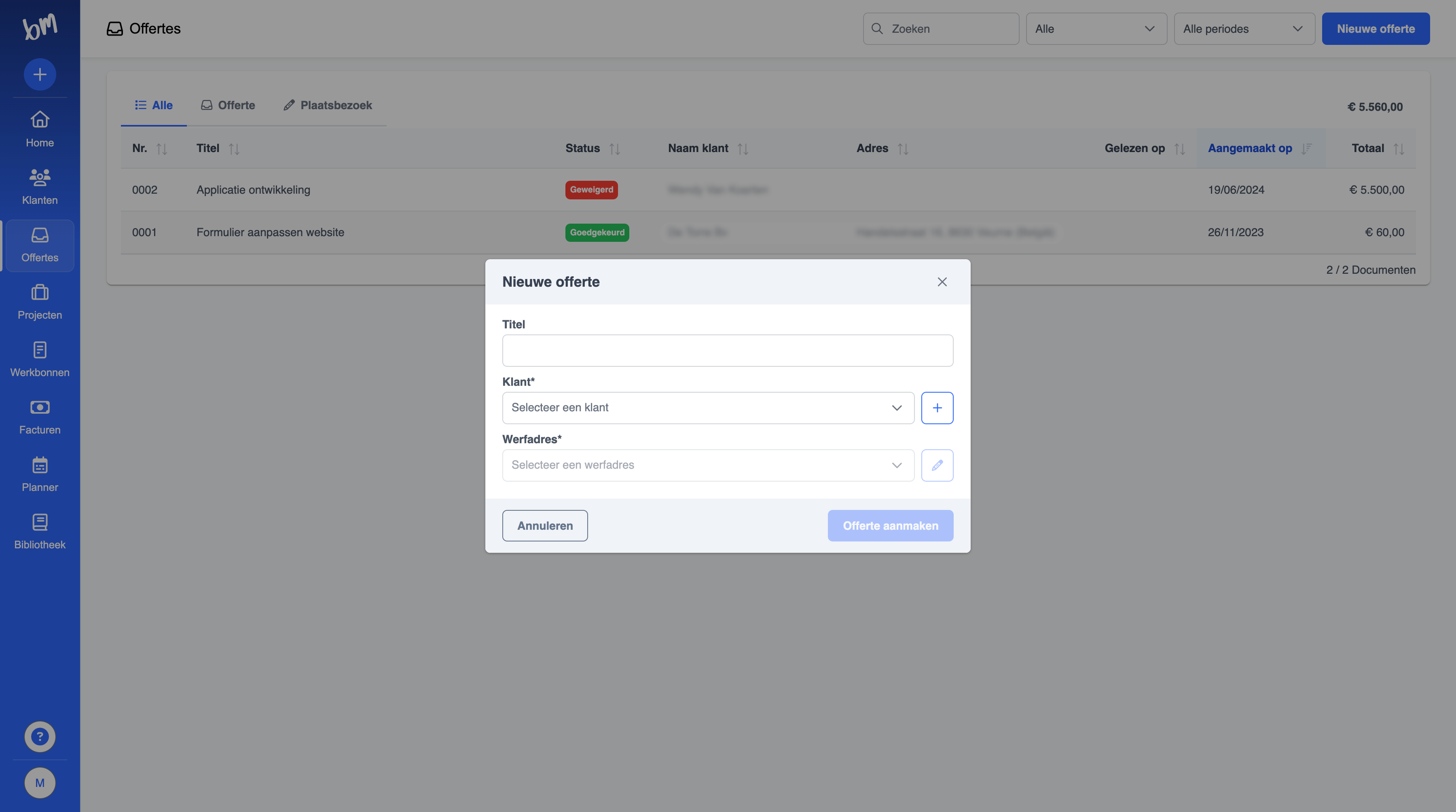 Nieuwe offerte aanmaken